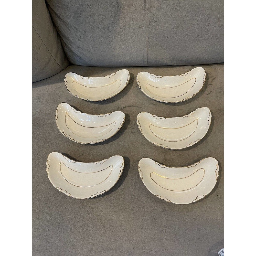 6 Antique W.S. George "Radisson" Porcelain Crescent Bone Dishes Gold Trim Ruffle